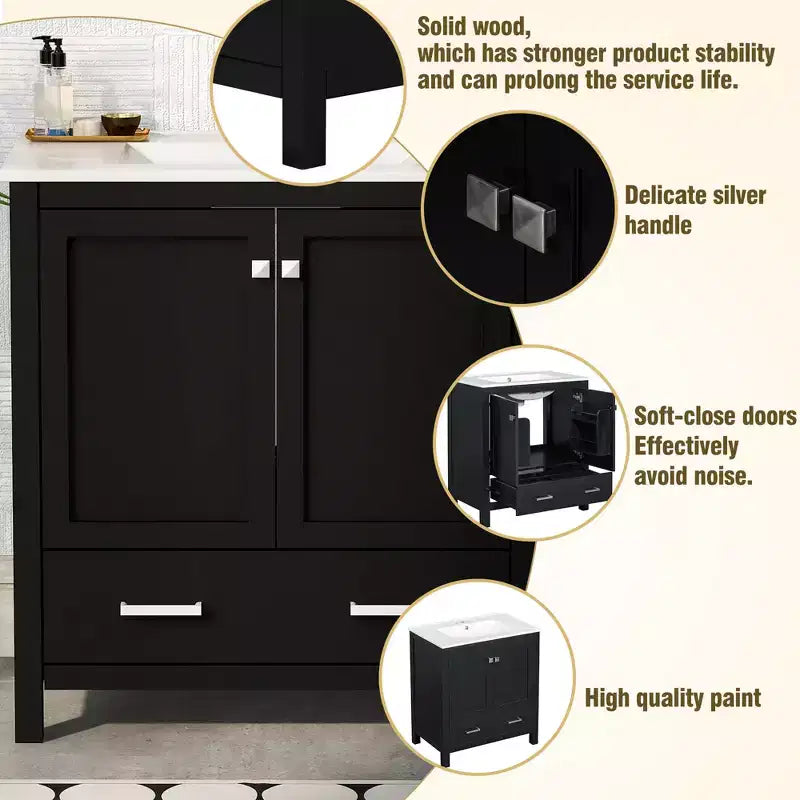 Mobile lavabo da bagno da 76 cm con lavello singolo, mobiletto combinato con lavello sottopiano, mobiletto da bagno con 2 ante e un cassetto, chiusura ammortizzata