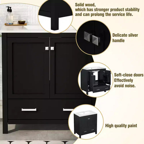 Mobile lavabo da bagno da 76 cm con lavello singolo, mobiletto combinato con lavello sottopiano, mobiletto da bagno con 2 ante e un cassetto, chiusura ammortizzata