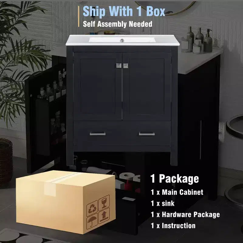 Mobile lavabo da bagno da 76 cm con lavello singolo, mobiletto combinato con lavello sottopiano, mobiletto da bagno con 2 ante e un cassetto, chiusura ammortizzata