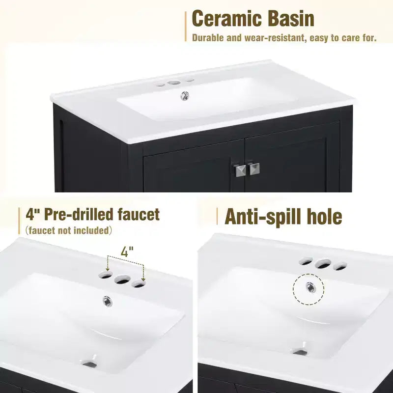 Mobile lavabo da bagno da 76 cm con lavello singolo, mobiletto combinato con lavello sottopiano, mobiletto da bagno con 2 ante e un cassetto, chiusura ammortizzata
