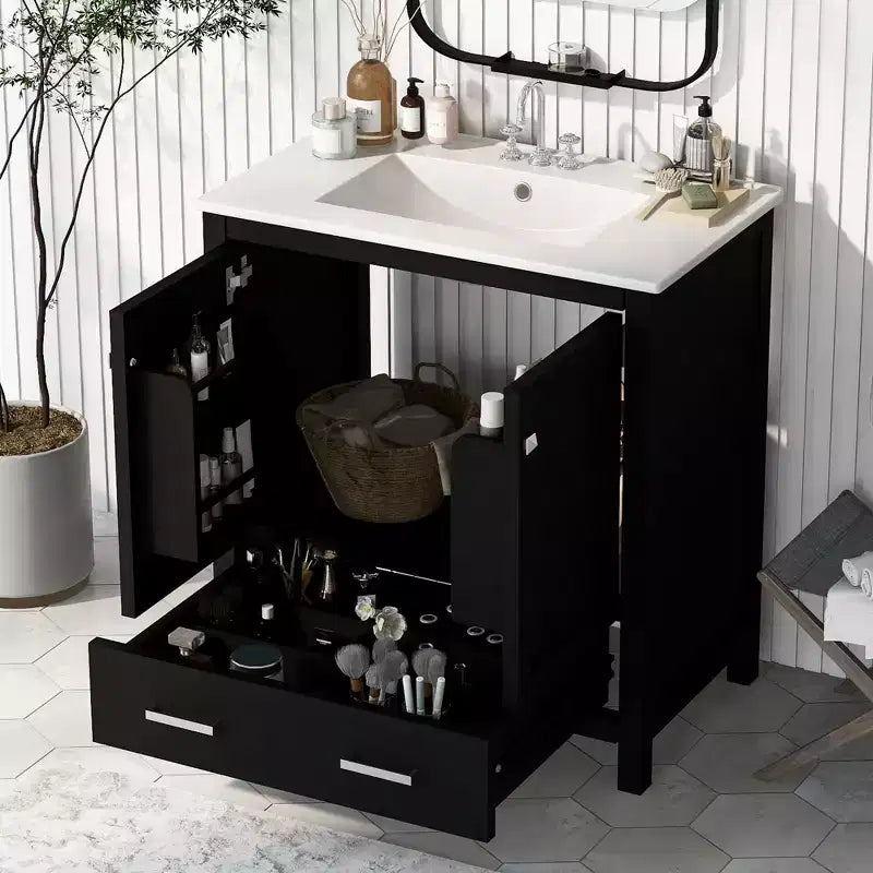 Mobile lavabo da bagno da 76 cm con lavello singolo, mobiletto combinato con lavello sottopiano, mobiletto da bagno con 2 ante e un cassetto, chiusura ammortizzata