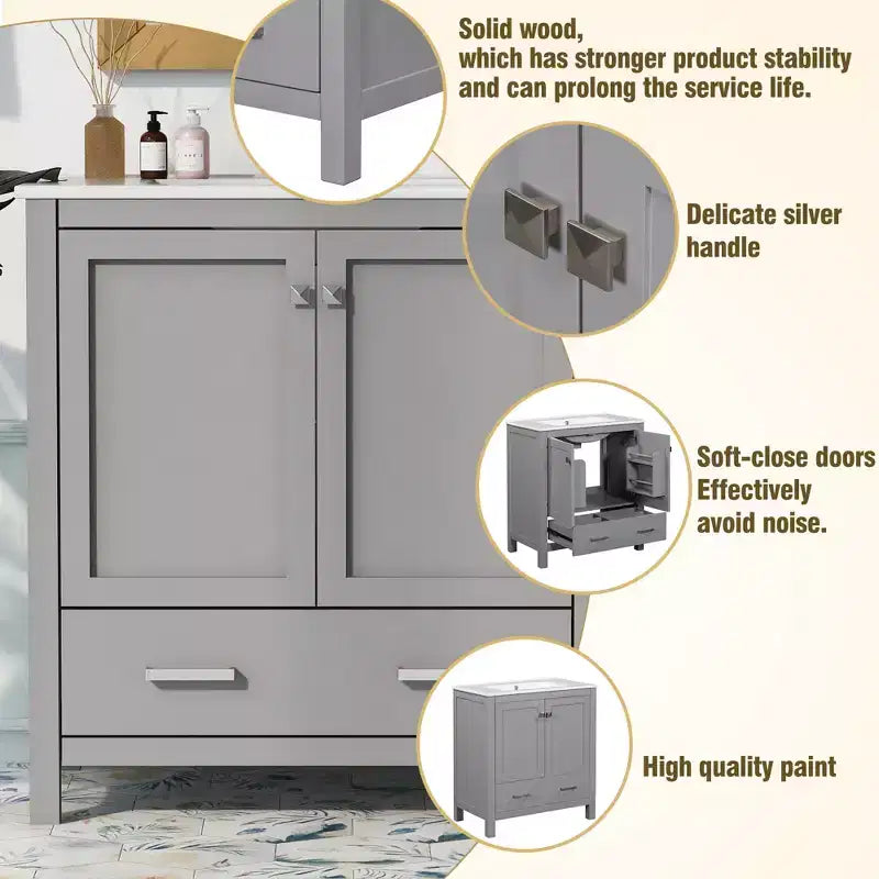 Mobile lavabo da bagno da 76 cm con lavello singolo, mobiletto combinato con lavello sottopiano, mobiletto da bagno con 2 ante e un cassetto, chiusura ammortizzata