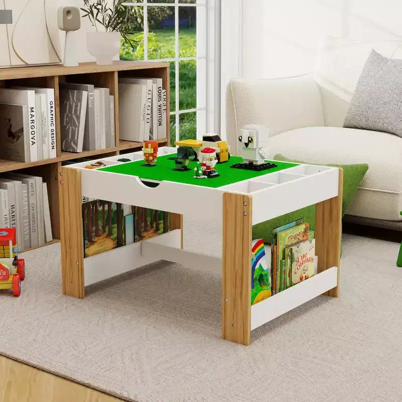 Tavolo da gioco 2 in 1 per bambini con 7 scomparti portaoggetti, compatibile con mattoncini LEGO - Bianco e Verde