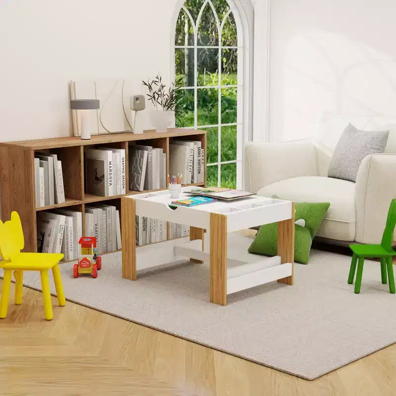 Tavolo da gioco 2 in 1 per bambini con 7 scomparti portaoggetti, compatibile con mattoncini LEGO - Bianco e Verde
