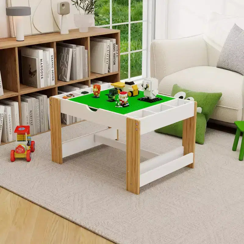Tavolo da gioco 2 in 1 per bambini con 7 scomparti portaoggetti, compatibile con mattoncini LEGO - Bianco e Verde