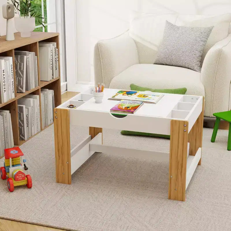 Tavolo da gioco 2 in 1 per bambini con 7 scomparti portaoggetti, compatibile con mattoncini LEGO - Bianco e Verde