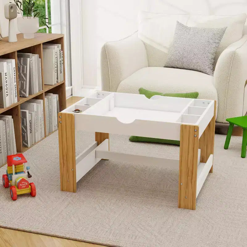 Tavolo da gioco 2 in 1 per bambini con 7 scomparti portaoggetti, compatibile con mattoncini LEGO - Bianco e Verde