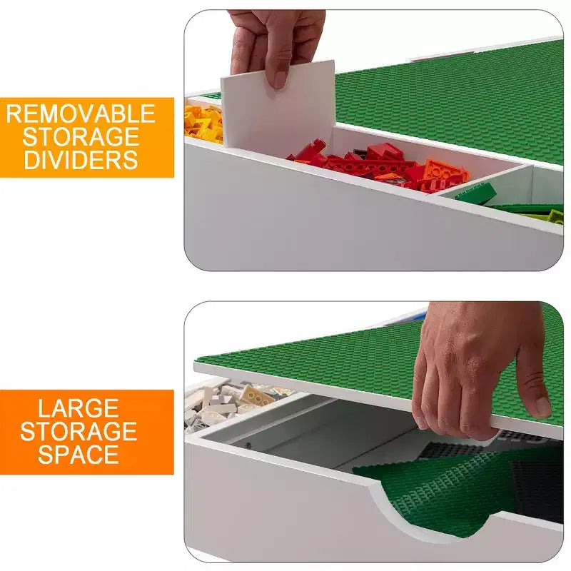 Tavolo da gioco 2 in 1 per bambini con 7 scomparti portaoggetti, compatibile con mattoncini LEGO - Bianco e Verde