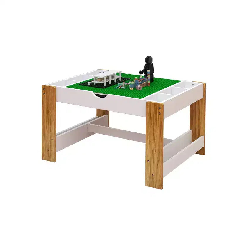 Tavolo da gioco 2 in 1 per bambini con 7 scomparti portaoggetti, compatibile con mattoncini LEGO - Bianco e Verde