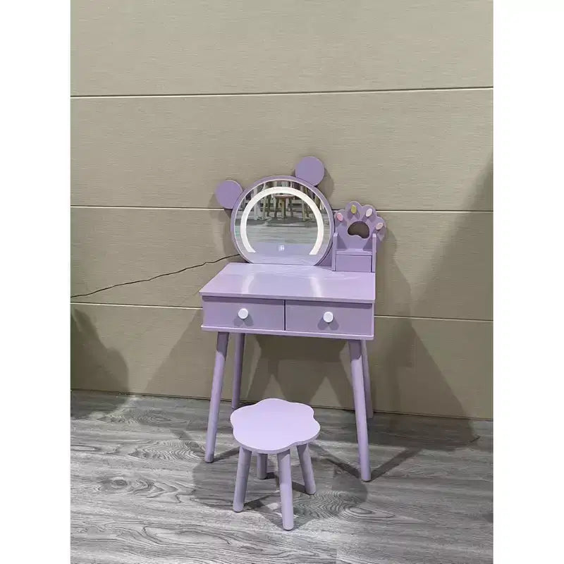 Specchio a forma di orsetto con manici a forma di zampa di orso Mobile da trucco per bambini con 2 cassetti Sgabello con motivo floreale Specchio a tre colori attivabile al tocco Bianco