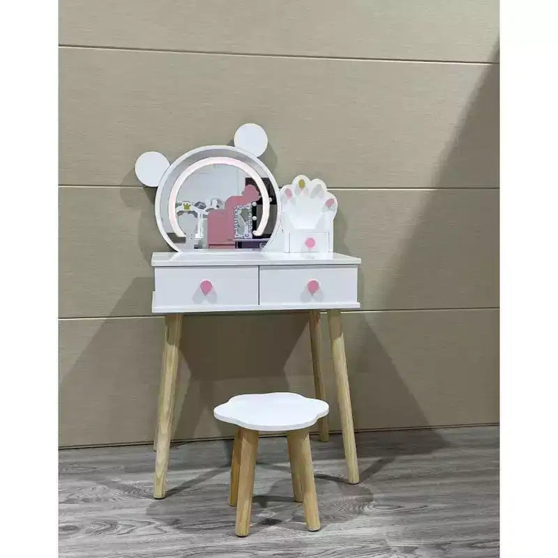 Specchio a forma di orsetto con manici a forma di zampa di orso Mobile da trucco per bambini con 2 cassetti Sgabello con motivo floreale Specchio a tre colori attivabile al tocco Bianco