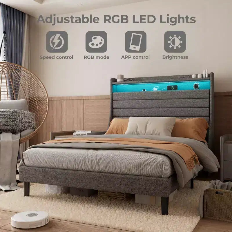Struttura letto matrimoniale, testiera con contenitore con stazione di ricarica e luci LED, con testiera imbottita, non richiede box spring, facile da montare, beige