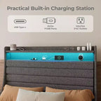 Struttura letto matrimoniale, testiera con contenitore con stazione di ricarica e luci LED, con testiera imbottita, non richiede box spring, facile da montare, beige