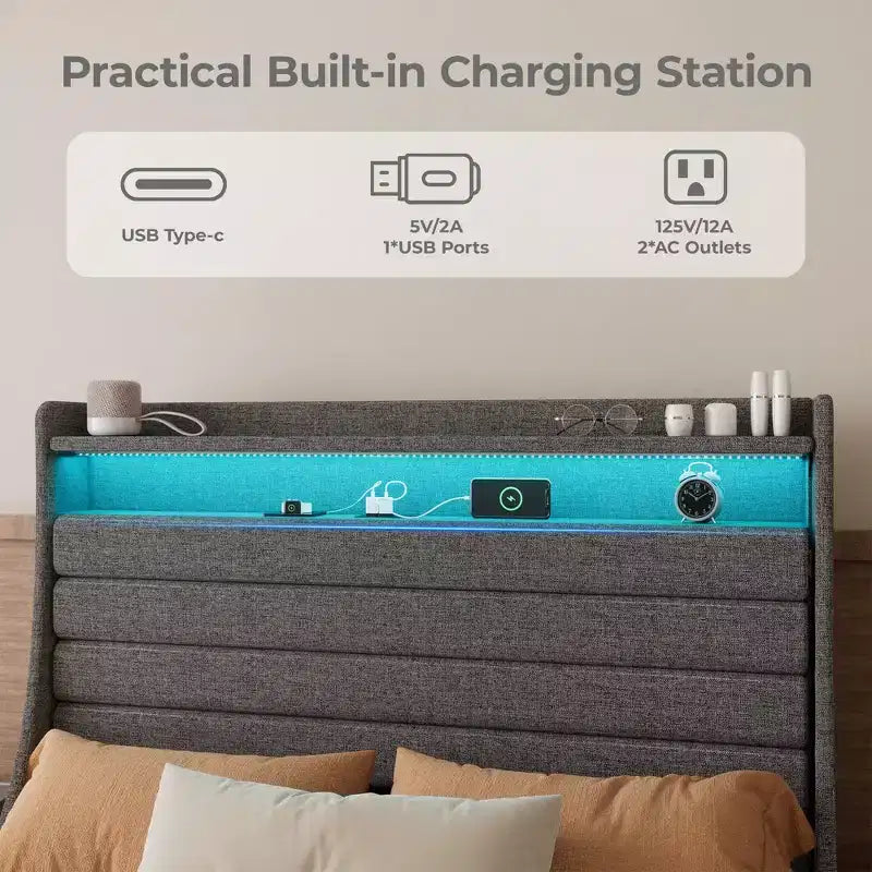 Struttura letto matrimoniale, testiera con contenitore con stazione di ricarica e luci LED, con testiera imbottita, non richiede box spring, facile da montare, beige