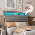 Struttura letto matrimoniale, testiera con contenitore con stazione di ricarica e luci LED, con testiera imbottita, non richiede box spring, facile da montare, beige