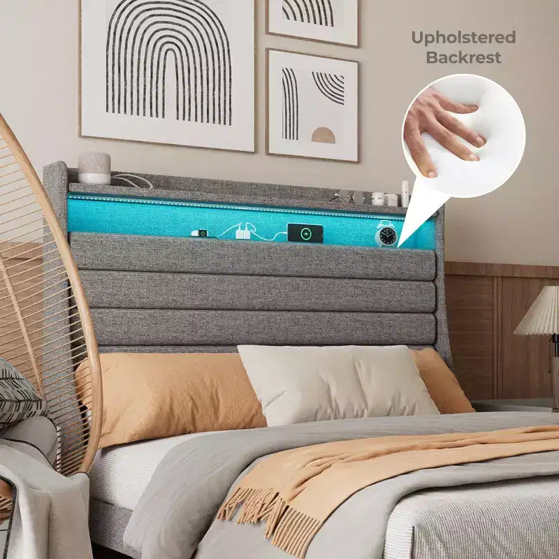 Struttura letto matrimoniale, testiera con contenitore con stazione di ricarica e luci LED, con testiera imbottita, non richiede box spring, facile da montare, beige
