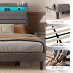 Struttura letto matrimoniale, testiera con contenitore con stazione di ricarica e luci LED, con testiera imbottita, non richiede box spring, facile da montare, beige