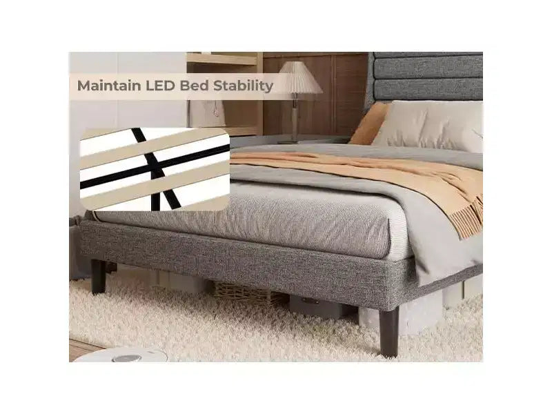 Struttura letto matrimoniale, testiera con contenitore con stazione di ricarica e luci LED, con testiera imbottita, non richiede box spring, facile da montare, beige