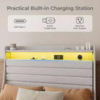 Struttura letto matrimoniale, testiera con contenitore con stazione di ricarica e luci LED, con testiera imbottita, non richiede box spring, facile da montare, beige