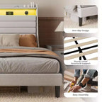 Struttura letto matrimoniale, testiera con contenitore con stazione di ricarica e luci LED, con testiera imbottita, non richiede box spring, facile da montare, beige