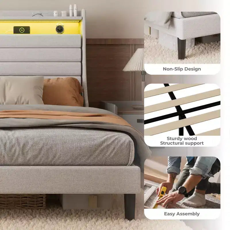 Struttura letto matrimoniale, testiera con contenitore con stazione di ricarica e luci LED, con testiera imbottita, non richiede box spring, facile da montare, beige