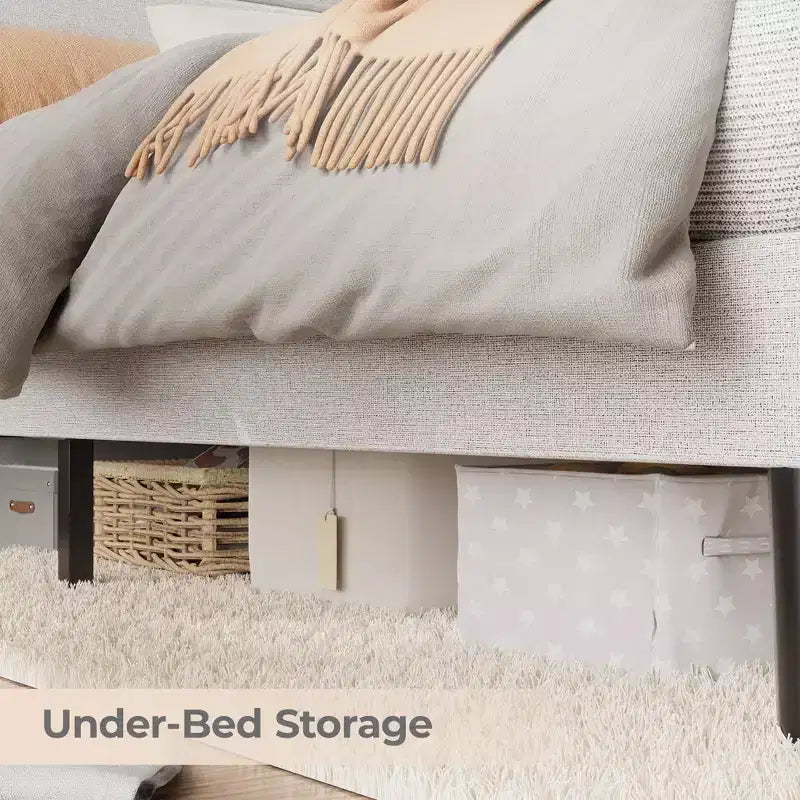 Struttura letto matrimoniale, testiera con contenitore con stazione di ricarica e luci LED, con testiera imbottita, non richiede box spring, facile da montare, beige