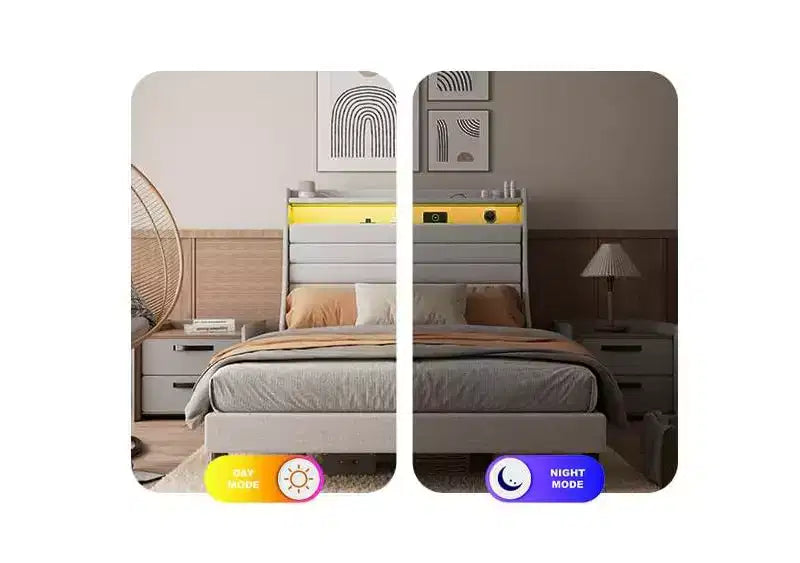 Struttura letto matrimoniale, testiera con contenitore con stazione di ricarica e luci LED, con testiera imbottita, non richiede box spring, facile da montare, beige