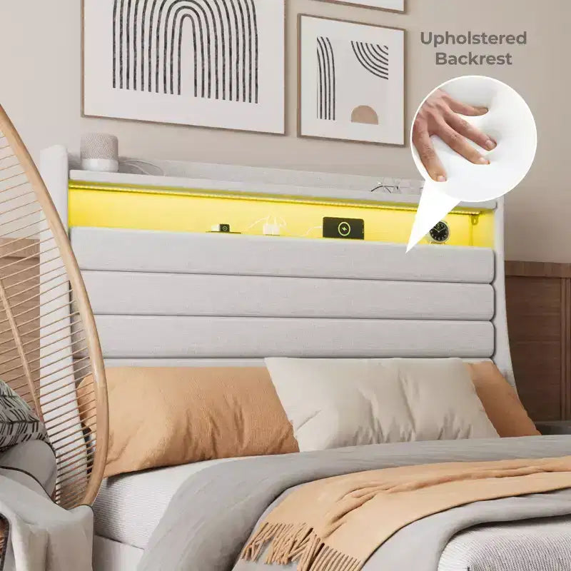 Struttura letto matrimoniale, testiera con contenitore con stazione di ricarica e luci LED, con testiera imbottita, non richiede box spring, facile da montare, beige
