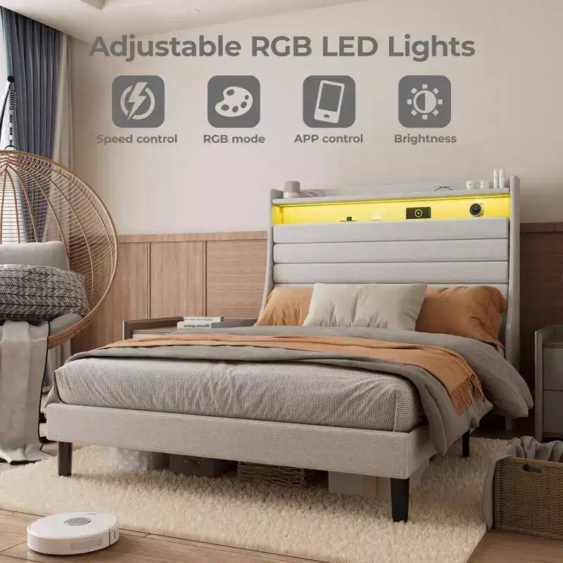 Struttura letto matrimoniale, testiera con contenitore con stazione di ricarica e luci LED, con testiera imbottita, non richiede box spring, facile da montare, beige