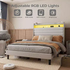 Struttura letto matrimoniale, testiera con contenitore con stazione di ricarica e luci LED, con testiera imbottita, non richiede box spring, facile da montare, beige