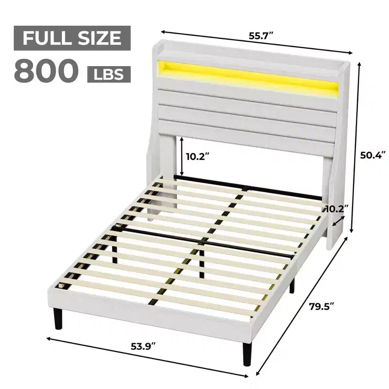 Struttura letto matrimoniale, testiera con contenitore con stazione di ricarica e luci LED, con testiera imbottita, non richiede box spring, facile da montare, beige