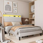 Full Size Bed Frame, Storage Headboard with Charging Station & LED Lights, with Upholstered Headboard, No Box Spring Needed, Easy Assembly, Beige