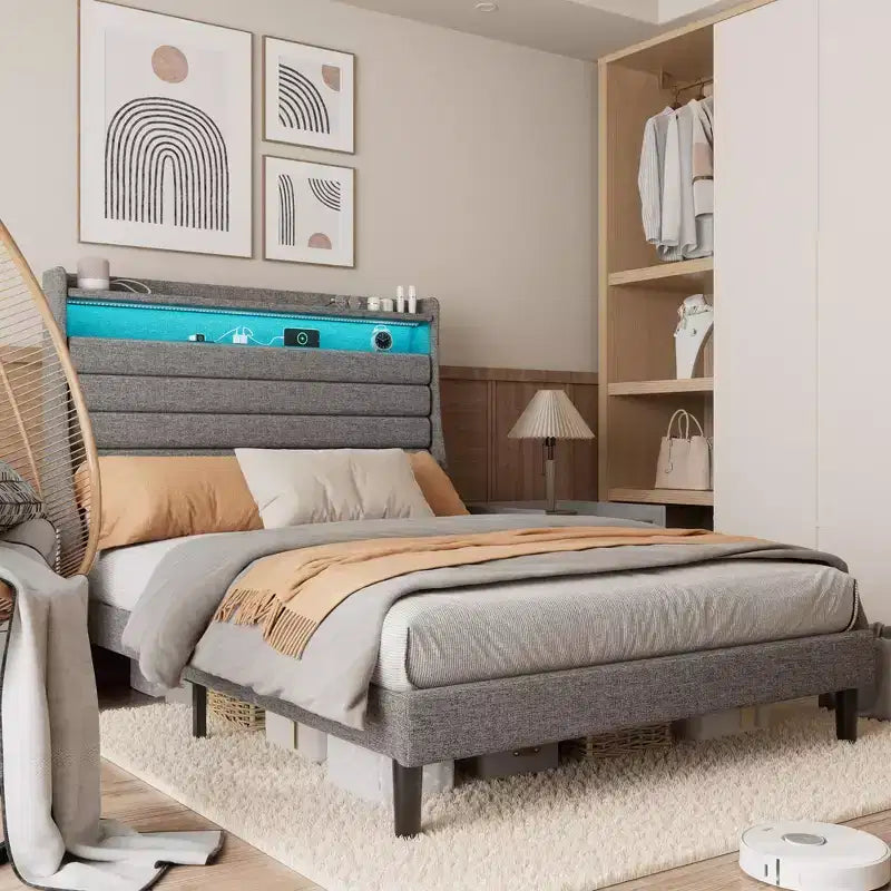 Struttura letto matrimoniale, testiera con contenitore con stazione di ricarica e luci LED, con testiera imbottita, non richiede box spring, facile da montare, beige