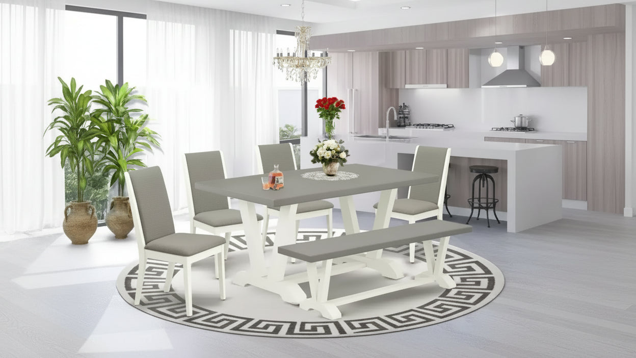 Tavolo da pranzo da 6 pezzi con ripiano in legno massello finitura rovere naturale con 1 panca e 4 sedie