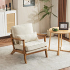 Poltrona d'accento rivestita in misto lino con gambe in legno e un cuscino, beige