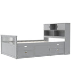 Letto a piattaforma Twin/Full Size Captain con 4 cassetti e mensole portaoggetti, struttura letto in legno massello con testiera libreria contenitore