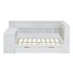Divano Letto a "L" in Legno con Scrivania, Mobile Libreria, Letto Angolare con Cassetti Sottostanti, Testiera Imbottita con Luce Integrata