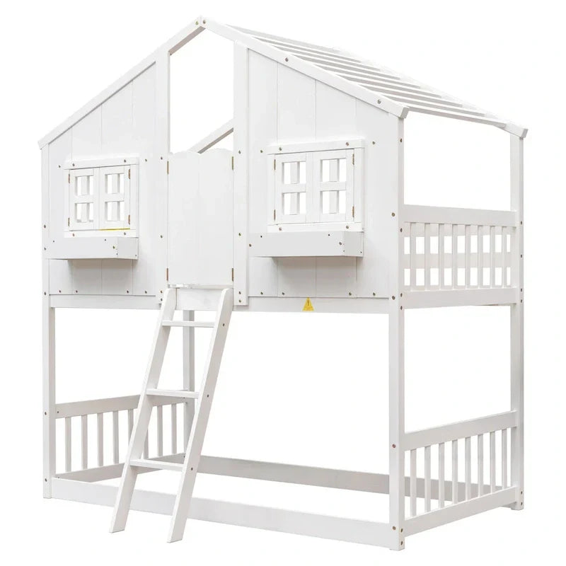 Letto a castello a casetta singolo su singolo con tetto, finestra, fioriera, porta, con sponde di sicurezza e scaletta, Grigio