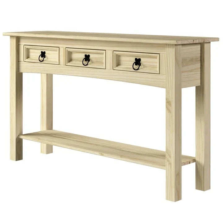 Tavolo Consolle Rustico in Pino Massiccio per Ingresso, Bianco Decapato / Marrone Antico / Grigio Decapato / Non Verniciato, 3 Cassetti
