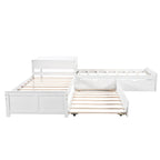 Letto a piattaforma a L moderno bianco per cameretta, dimensioni singole, con letto estraibile e cassetti